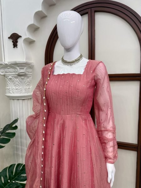 Contemporary Pink Designer Salsa Silk Gown with Fancy Lace Dupatta At Wholesale Rate Ready To Wear Collection