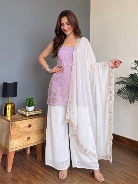 Contemporary Pink Faux Georgette Embroidered Top Pant Dupatta Set for Women 