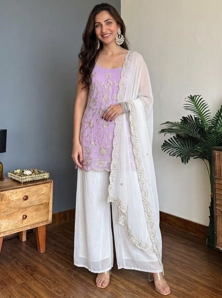 Contemporary Pink Faux Georgette Embroidered Top Pant Dupatta Set for Women Georgette Kurti 