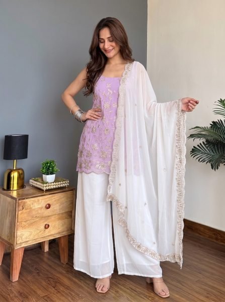 Contemporary Pink Faux Georgette Embroidered Top Pant Dupatta Set for Women Georgette Kurti 