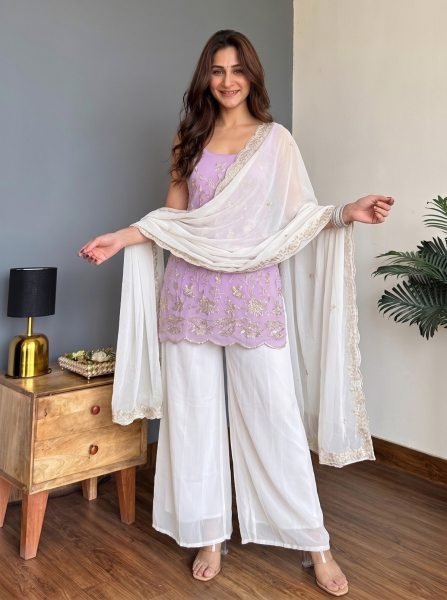 Contemporary Pink Faux Georgette Embroidered Top Pant Dupatta Set for Women Georgette Kurti 