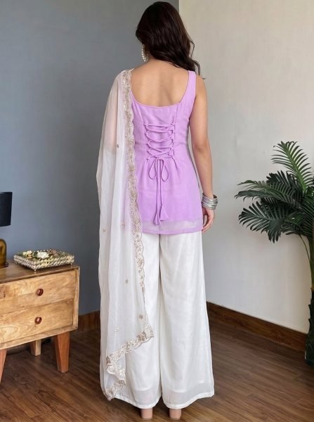 Contemporary Pink Faux Georgette Embroidered Top Pant Dupatta Set for Women Georgette Kurti 