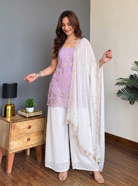 Contemporary Pink Faux Georgette Embroidered Top Pant Dupatta Set for Women Georgette Kurti 