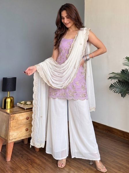 Contemporary Pink Faux Georgette Embroidered Top Pant Dupatta Set for Women Georgette Kurti 