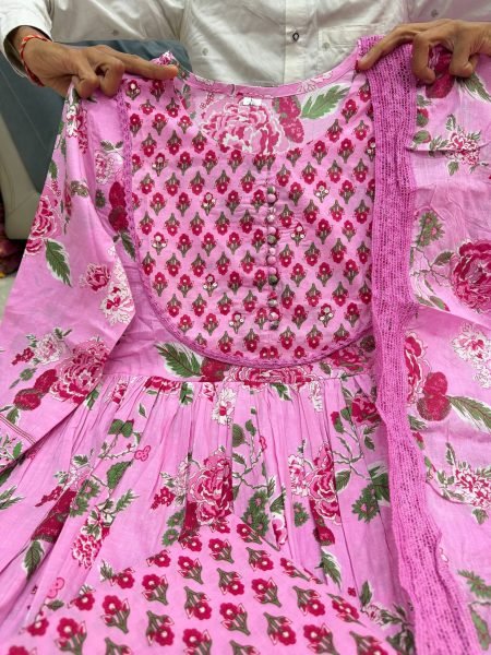 Contemporary Pink Floral Jaipuri Cotton Anarkali Suit with Hand Work for Summer Elegance Anarkali Kurtis 