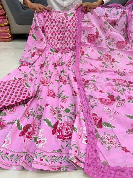 Contemporary Pink Floral Jaipuri Cotton Anarkali Suit with Hand Work for Summer Elegance Anarkali Kurtis 