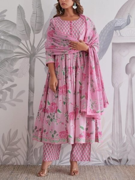 Contemporary Pink Floral Jaipuri Cotton Anarkali Suit with Hand Work for Summer Elegance Anarkali Kurtis 