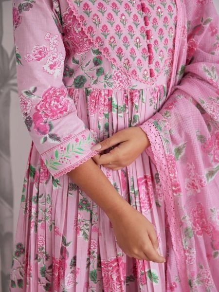 Contemporary Pink Floral Jaipuri Cotton Anarkali Suit with Hand Work for Summer Elegance Anarkali Kurtis 