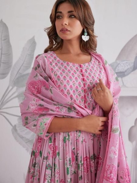 Contemporary Pink Floral Jaipuri Cotton Anarkali Suit with Hand Work for Summer Elegance Anarkali Kurtis 