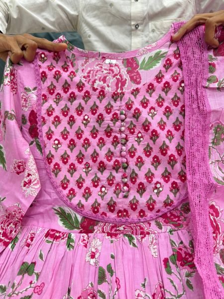 Contemporary Pink Floral Jaipuri Cotton Anarkali Suit with Hand Work for Summer Elegance Anarkali Kurtis 