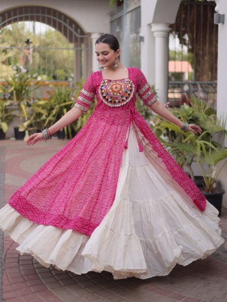 Contemporary Pink Kora Cotton Lehenga Kurti Set with Kutchi Patchwork for Dandiya  Lehenga