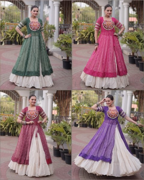 Contemporary Pink Kora Cotton Lehenga Kurti Set with Kutchi Patchwork for Dandiya Navratri Lehnega Choli