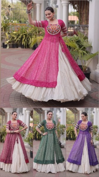 Contemporary Pink Kora Cotton Lehenga Kurti Set with Kutchi Patchwork for Dandiya Navratri Lehnega Choli