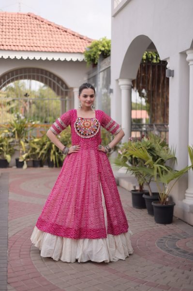 Contemporary Pink Kora Cotton Lehenga Kurti Set with Kutchi Patchwork for Dandiya Navratri Lehnega Choli