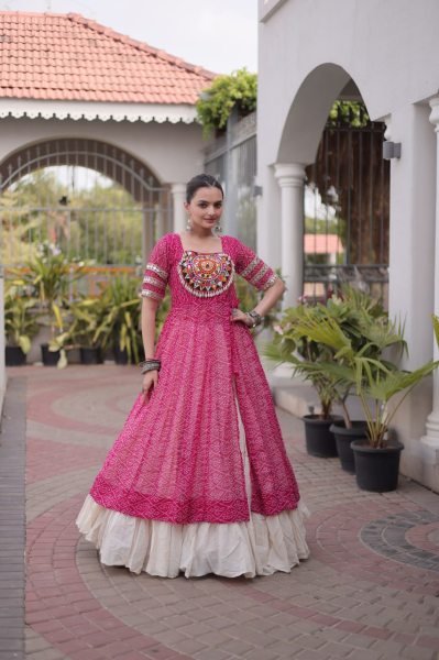 Contemporary Pink Kora Cotton Lehenga Kurti Set with Kutchi Patchwork for Dandiya Navratri Lehnega Choli