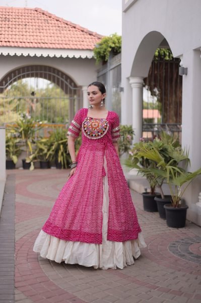 Contemporary Pink Kora Cotton Lehenga Kurti Set with Kutchi Patchwork for Dandiya Navratri Lehnega Choli