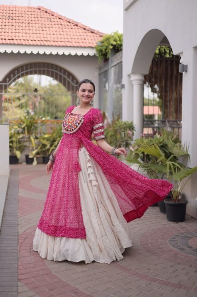 Contemporary Pink Kora Cotton Lehenga Kurti Set with Kutchi Patchwork for Dandiya Navratri Lehnega Choli