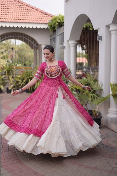 Contemporary Pink Kora Cotton Lehenga Kurti Set with Kutchi Patchwork for Dandiya Navratri Lehnega Choli