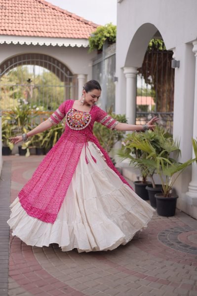 Contemporary Pink Kora Cotton Lehenga Kurti Set with Kutchi Patchwork for Dandiya Navratri Lehnega Choli