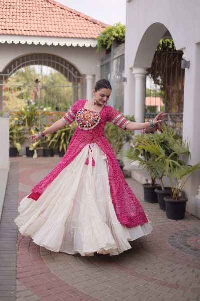 Contemporary Pink Kora Cotton Lehenga Kurti Set with Kutchi Patchwork for Dandiya Navratri Lehnega Choli