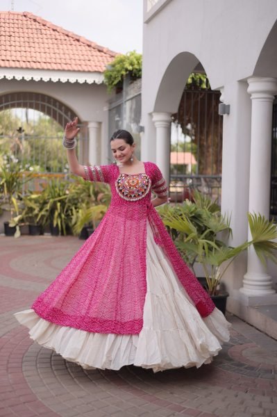 Contemporary Pink Kora Cotton Lehenga Kurti Set with Kutchi Patchwork for Dandiya Navratri Lehnega Choli