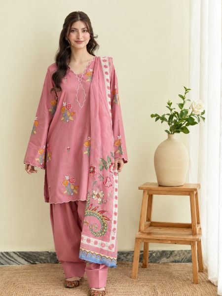 Contemporary Pink Mul Chanderi Palazzo Suit Set with Embroidery and Cutwork 