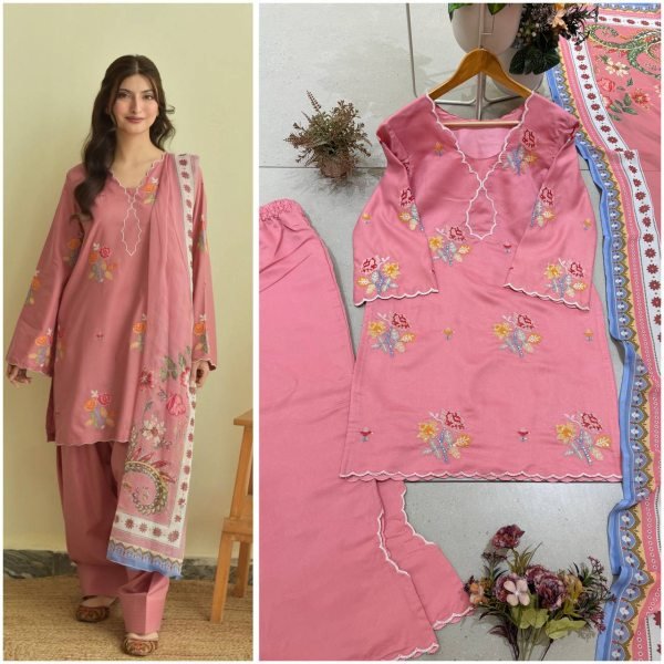 Contemporary Pink Mul Chanderi Palazzo Suit Set with Embroidery and Cutwork Ready To Wear Collection