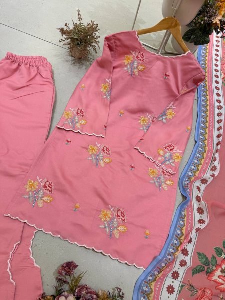 Contemporary Pink Mul Chanderi Palazzo Suit Set with Embroidery and Cutwork Ready To Wear Collection