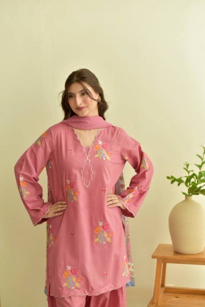 Contemporary Pink Mul Chanderi Palazzo Suit Set with Embroidery and Cutwork Ready To Wear Collection
