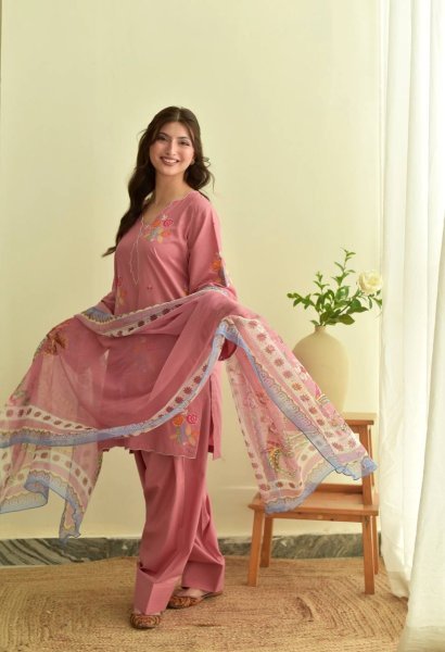 Contemporary Pink Mul Chanderi Palazzo Suit Set with Embroidery and Cutwork Ready To Wear Collection