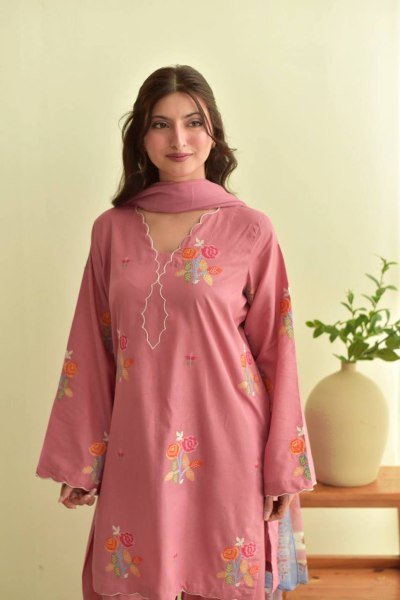 Contemporary Pink Mul Chanderi Palazzo Suit Set with Embroidery and Cutwork Ready To Wear Collection