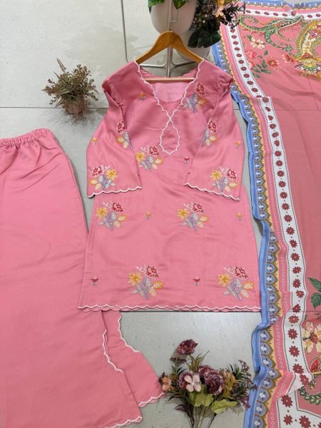Contemporary Pink Mul Chanderi Palazzo Suit Set with Embroidery and Cutwork Ready To Wear Collection