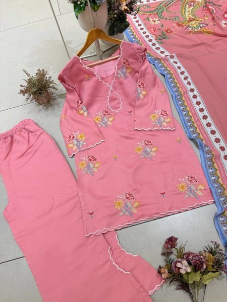 Contemporary Pink Mul Chanderi Palazzo Suit Set with Embroidery and Cutwork Ready To Wear Collection