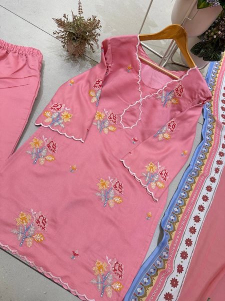 Contemporary Pink Mul Chanderi Palazzo Suit Set with Embroidery and Cutwork Ready To Wear Collection