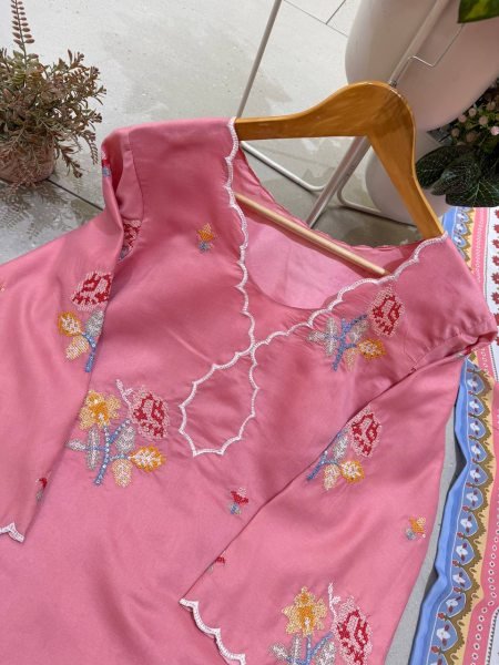 Contemporary Pink Mul Chanderi Palazzo Suit Set with Embroidery and Cutwork Ready To Wear Collection