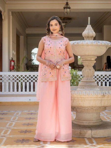 Contemporary Pink Star Georgette Suit Set with Embroidery Work and Dupatta 