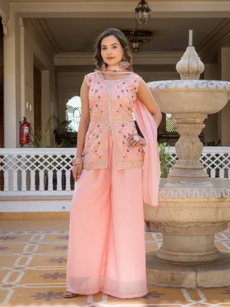 Contemporary Pink Star Georgette Suit Set with Embroidery Work and Dupatta Ready To Wear Collection