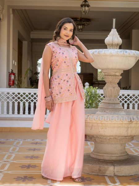 Contemporary Pink Star Georgette Suit Set with Embroidery Work and Dupatta Ready To Wear Collection