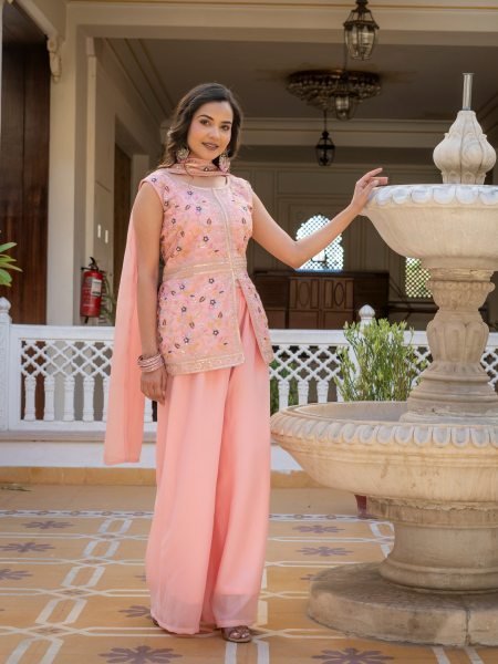 Contemporary Pink Star Georgette Suit Set with Embroidery Work and Dupatta Ready To Wear Collection