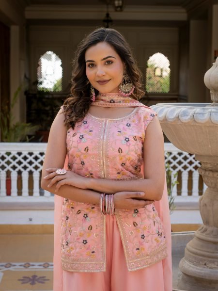 Contemporary Pink Star Georgette Suit Set with Embroidery Work and Dupatta Ready To Wear Collection