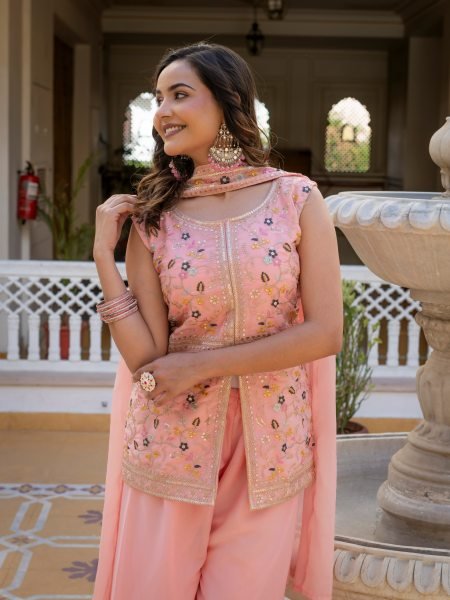 Contemporary Pink Star Georgette Suit Set with Embroidery Work and Dupatta Ready To Wear Collection