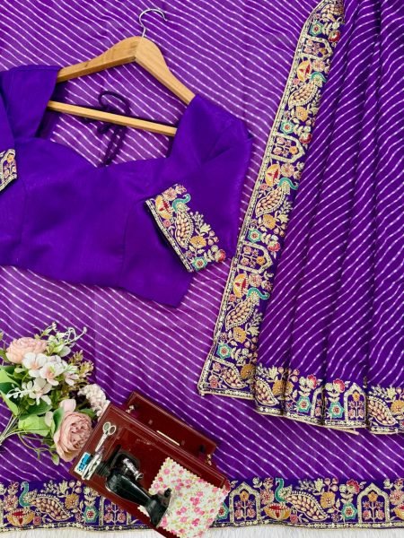 Contemporary Purple Bandhani Print Georgette Saree with Sequins Work for Festive Wear Silk Sarees Wholesale