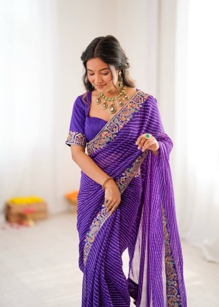 Contemporary Purple Bandhani Print Georgette Saree with Sequins Work for Festive Wear Silk Sarees Wholesale