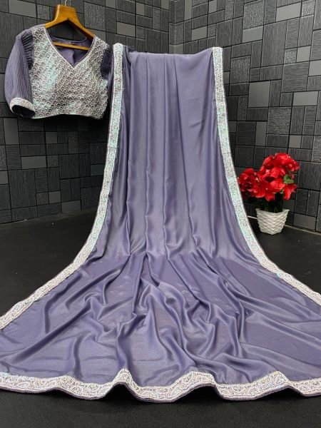 Contemporary Purple Chocolate Silk Saree with Stitched Blouse at Wholesale Rate 