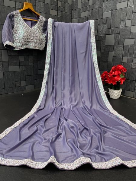 Contemporary Purple Chocolate Silk Saree with Stitched Blouse at Wholesale Rate Embroidery Sarees Wholesale