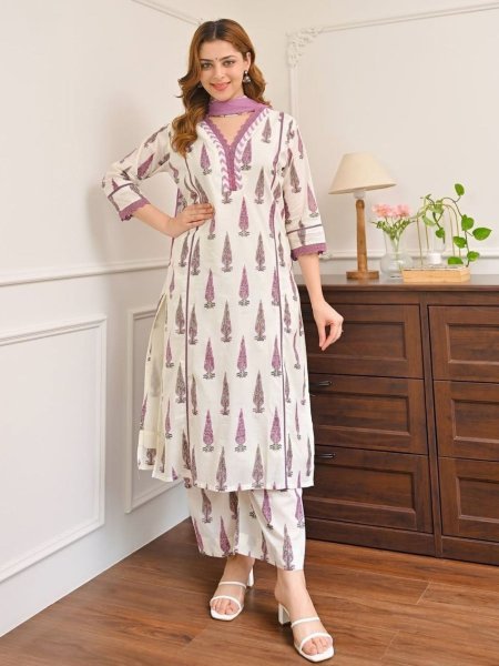 Contemporary Purple Cotton Kurti Pant Dupatta Set for Summer Daily Wear Kurtis