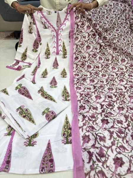 Contemporary Purple Cotton Kurti Pant Dupatta Set for Summer Daily Wear Cotton Kurtis Wholesale