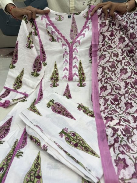 Contemporary Purple Cotton Kurti Pant Dupatta Set for Summer Daily Wear Cotton Kurtis Wholesale