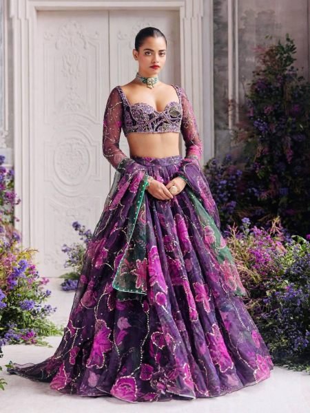 Contemporary Purple Tabby Silk Digital Printed Lehenga Choli with Figure Sequin Work 