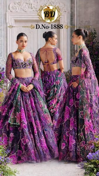 Contemporary Purple Tabby Silk Digital Printed Lehenga Choli with Figure Sequin Work Designer Lehenga Choli